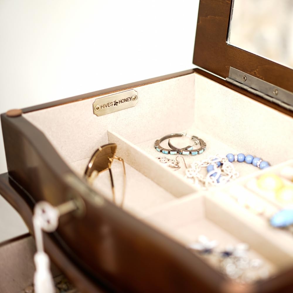 Hives and Honey Noel Standing Jewelry Armoire Cabinet, Locking Organizer with Flip Top Mirror, 2 Side Doors, 7 Drawers, Jewelry Chest for Necklaces, Earrings, Bracelets, Walnut