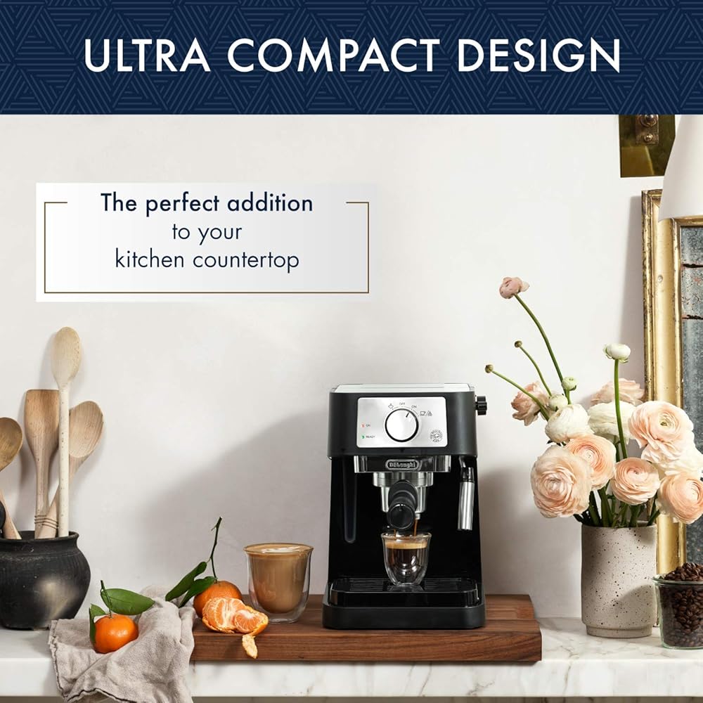 De'Longhi Stilosa Manual Espresso Machine, Compact Coffee Maker, 15 Bar Pump Pressure, Manual Milk Frother Steam Wand for Authentic Single &amp; Double Espresso, Lattes &amp; Cappuccinos, Tamper Included
