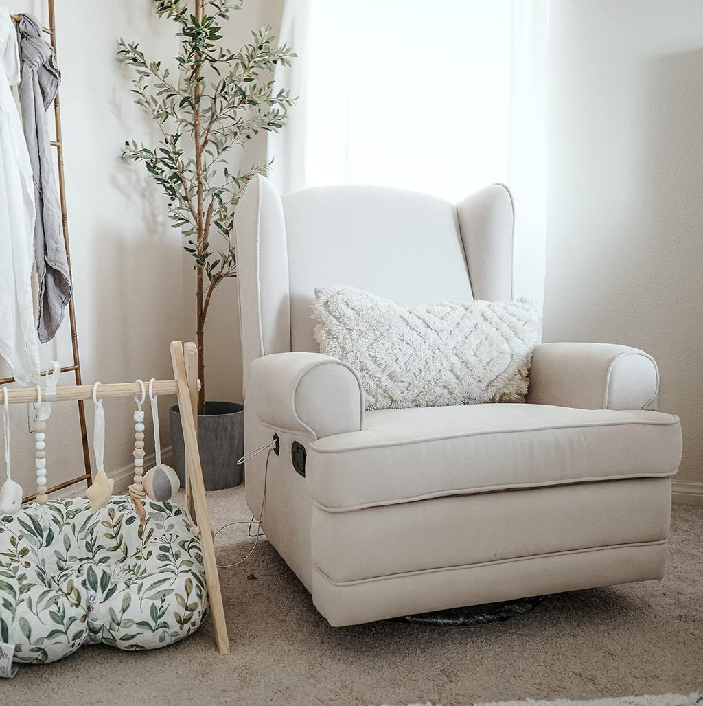 Storkcraft Serenity Glider Recliner Nursery Chair with USB Charging Port (Ivory) – Premium Upholstered Nursery Glider Recliner with Manual Recline Function, Dual USB Charging
