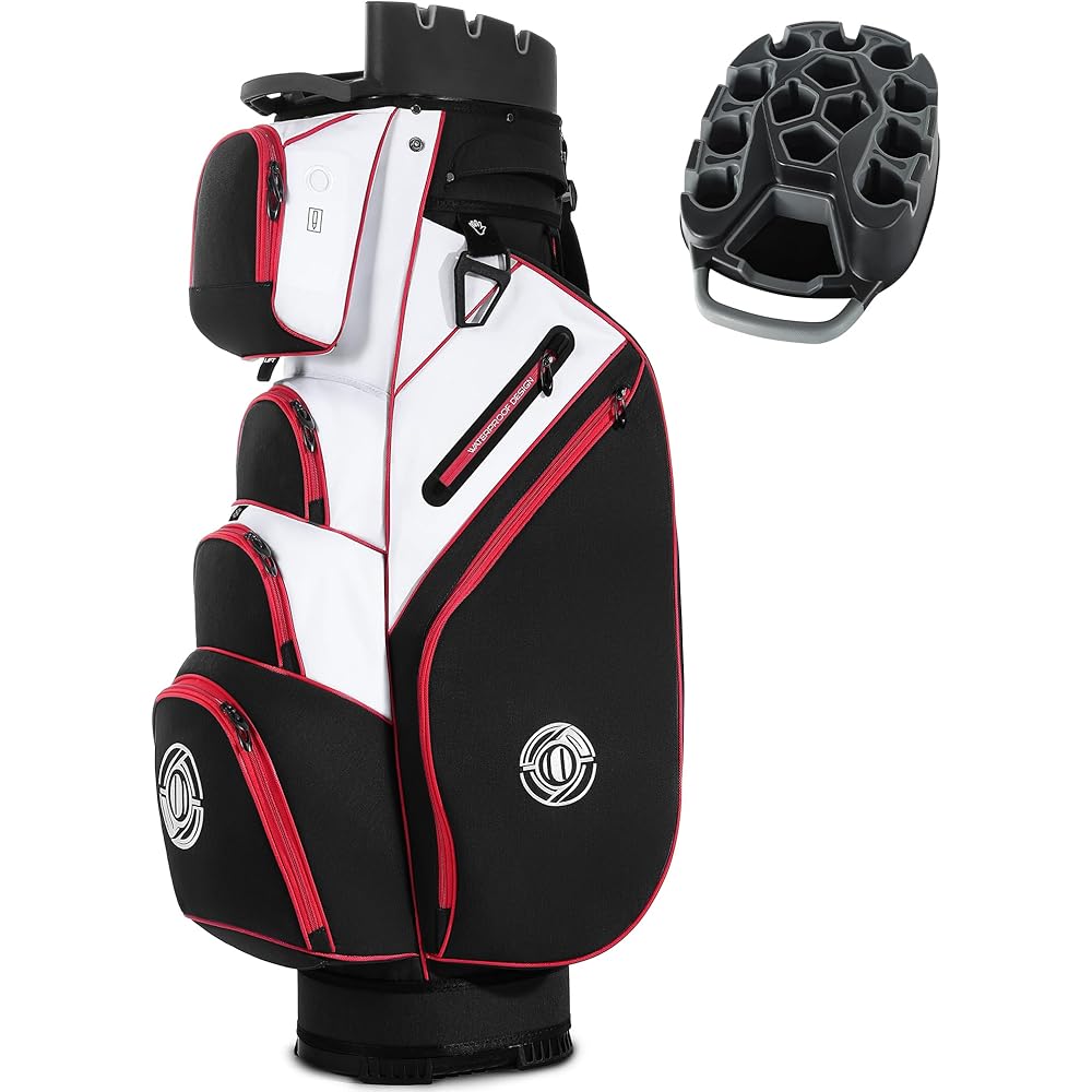 Shopsource Golf Bag, 14 Way Top Golf Cart Bag with Full-Length Dividers, Cart Golf Bag for Men Women, Golf Club Bags with Ergonomic Padded Strap, Zippered Pockets, Rain Hood Black Red and White