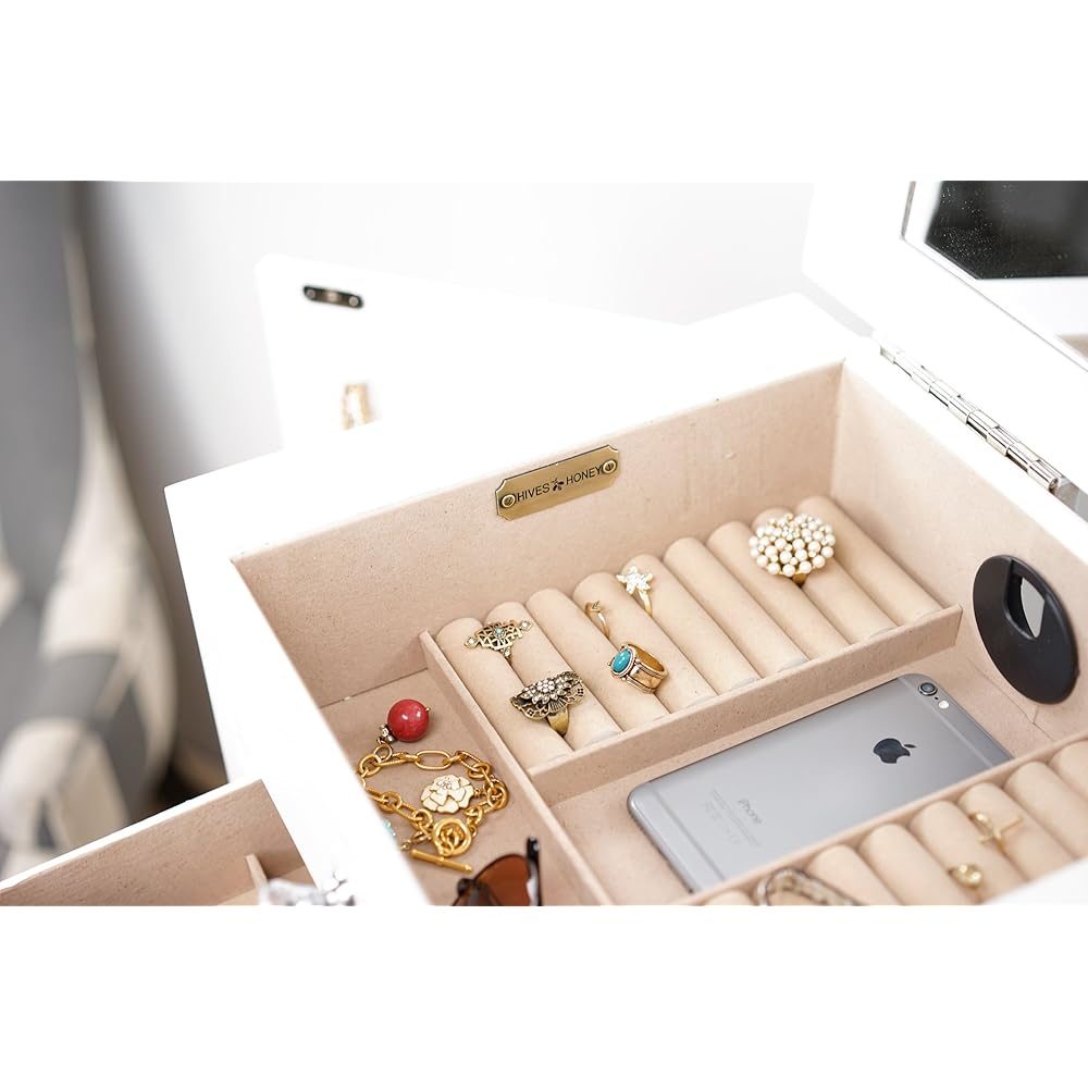 Hives and Honey Crystal Jewelry Armoire Modern White Storage Organizer with Divided Drawers and Necklace Hooks French-Inspired Design with Jewel-Like Pulls Anti-Tarnish Felt Lining