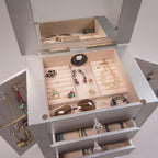Hives and Honey Crystal, 6 Felt-Lined Drawers, Side Necklace Hooks, Built-in Mirror, Cord Port, Elegant Beaded Trim, Jewel Knobs, Storage Organizer Jewelry Armoire, 38″ H x 16″ W x 12″ D, Silver