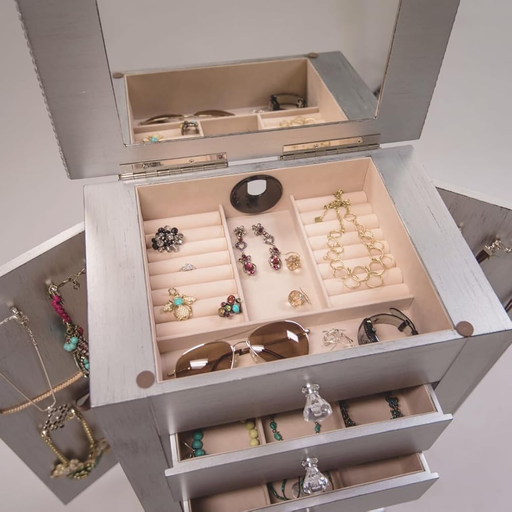 Hives and Honey Crystal, 6 Felt-Lined Drawers, Side Necklace Hooks, Built-in Mirror, Cord Port, Elegant Beaded Trim, Jewel Knobs, Storage Organizer Jewelry Armoire, 38″ H x 16″ W x 12″ D, Silver