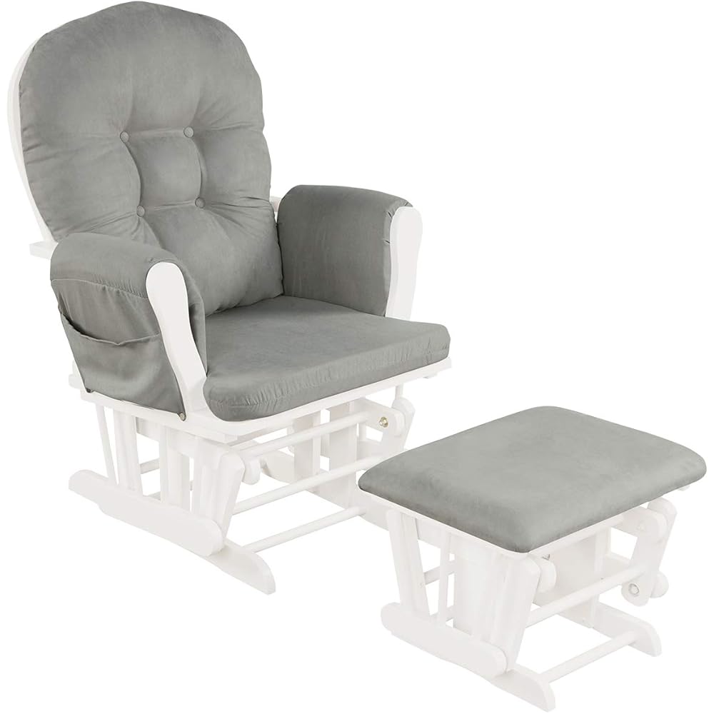 Costzon Nursery Glider with Ottoman, Upholstered Comfort Glider Rocker with Padded Cushion, Storage Pocket, Solid Wood Base, Rocking Chair Nursery for Breastfeeding, Napping (Light Gray)