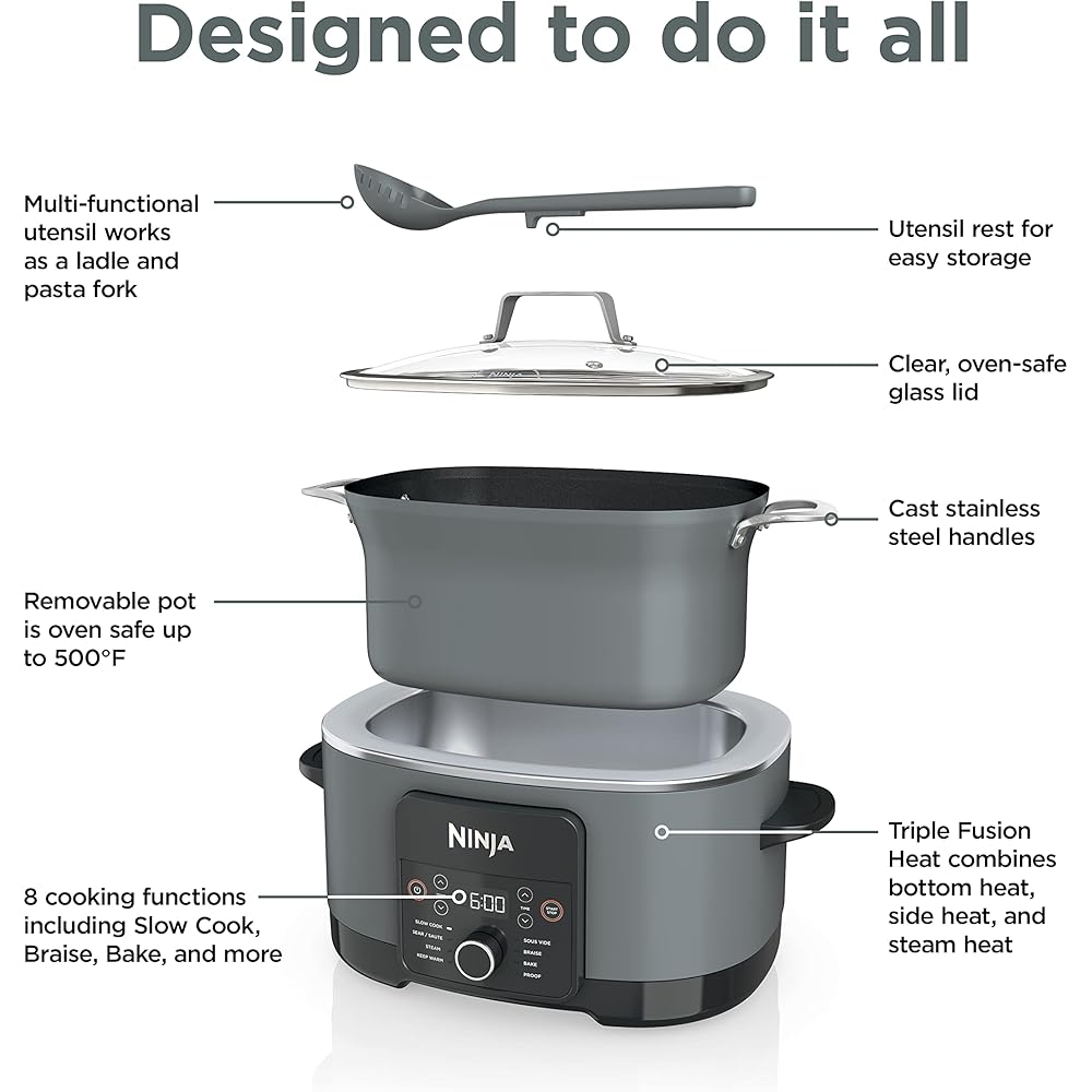 Ninja MC1001 Foodi PossibleCooker PRO 8.5 Quart Multi-Cooker, with 8-in-1 Slow Cooker, Dutch Oven, Steamer, Glass Lid Integrated Spoon, Nonstick, Oven Safe Pot to 500°F, Sea Salt Gray