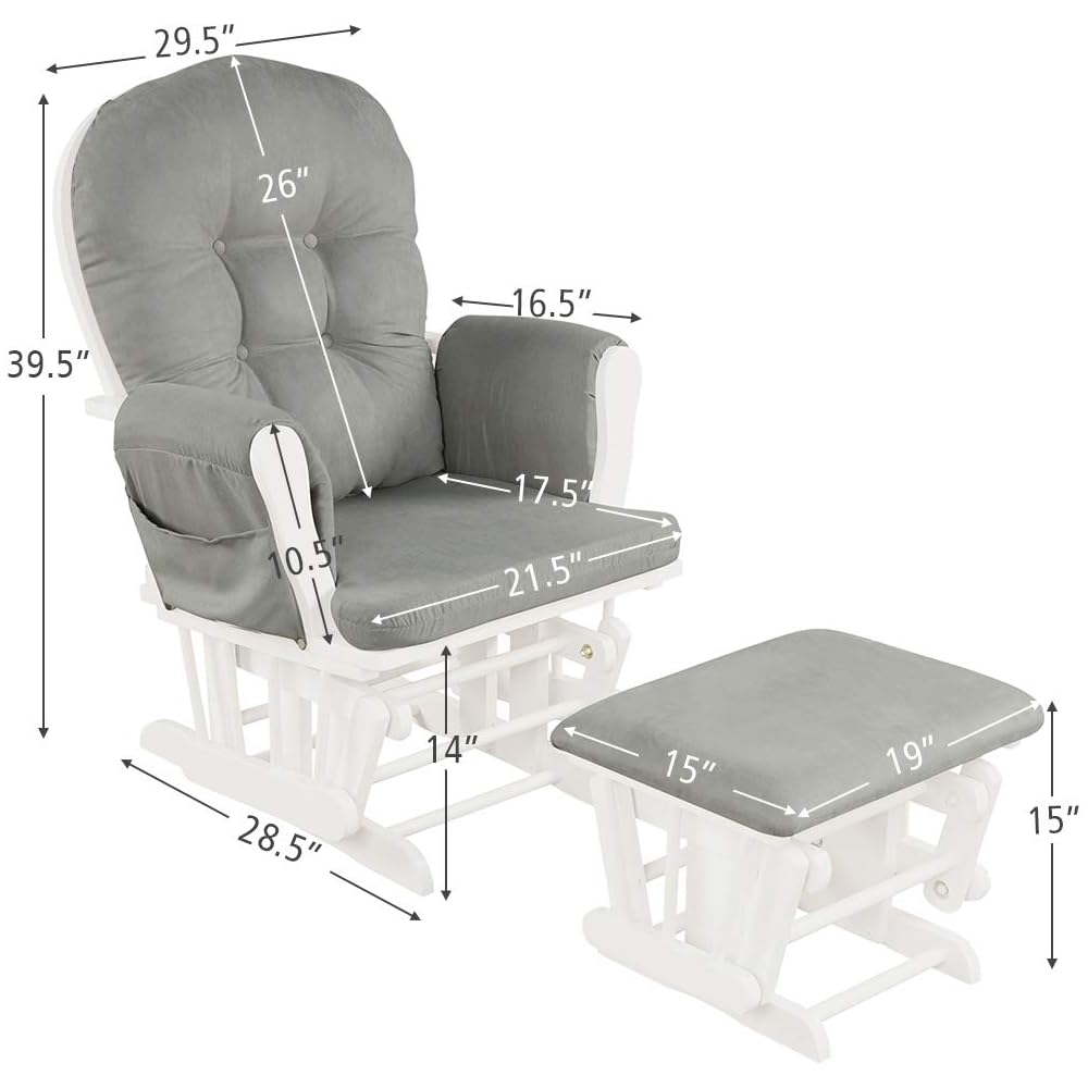 Costzon Nursery Glider with Ottoman, Upholstered Comfort Glider Rocker with Padded Cushion, Storage Pocket, Solid Wood Base, Rocking Chair Nursery for Breastfeeding, Napping (Light Gray)