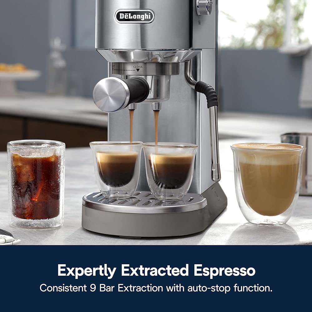 De'Longhi Dedica Duo Compact Espresso Machine Cold Brew Coffee Maker with Milk Frother Wandfor Espresso, Hot &amp; Iced Coffee, Cappuccinos, Lattes &amp; Home Barista Brewing, Stainless Steel