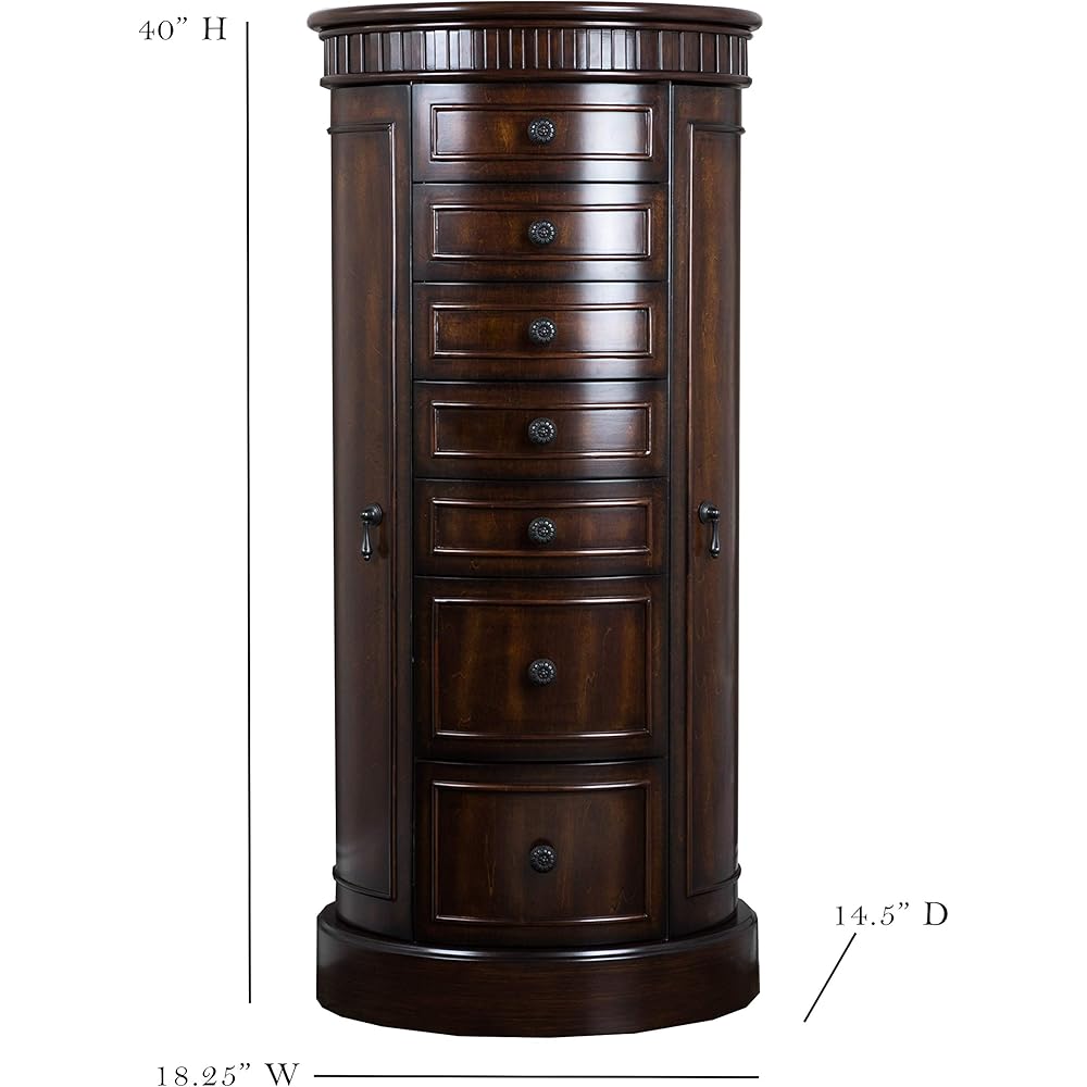 Hives and Honey Bailee Jewelry Armoire – Oval Shape Jewelry Organizer with 7 Drawers, Vanity Mirror, Ring Rolls &amp; Necklace Hooks – Walnut