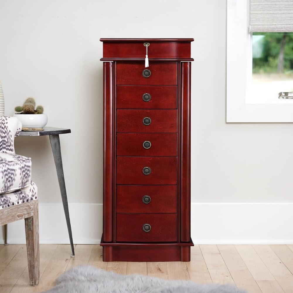 Alveare Home North Locking 7-Drawer Jewelry Armoire – Spacious Organizer with Mirror, Necklace Hooks &amp; Anti-Tarnish Lining, Cherry