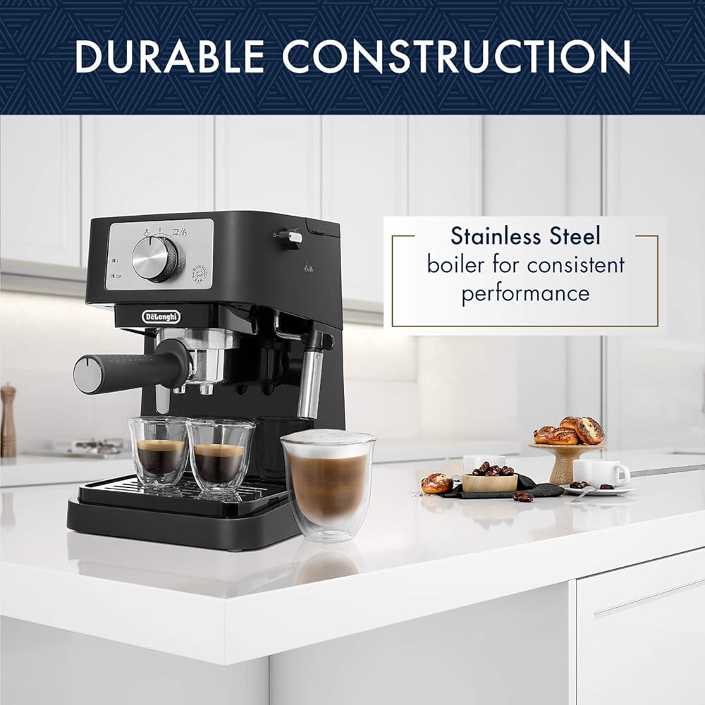 De'Longhi Stilosa Manual Espresso Machine, Compact Coffee Maker, 15 Bar Pump Pressure, Manual Milk Frother Steam Wand for Authentic Single &amp; Double Espresso, Lattes &amp; Cappuccinos, Tamper Included