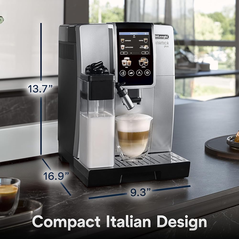De'Longhi Dinamica Plus Fully Automatic Espresso Machine Brew Personalized Coffee for up to 4 User Profiles, 24+ Recipes, Built in Grinder &amp; Automatic Milk Steam Wand with 3 Frother Modes