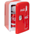 Coca-Cola Classic Coke Bottle 4L Mini Fridge w/ 12V DC and 110V AC Cords, 6 Can Portable Cooler, Personal Travel Refrigerator for Snacks Lunch Drinks Cosmetics, Desk Home Office Dorm, Red