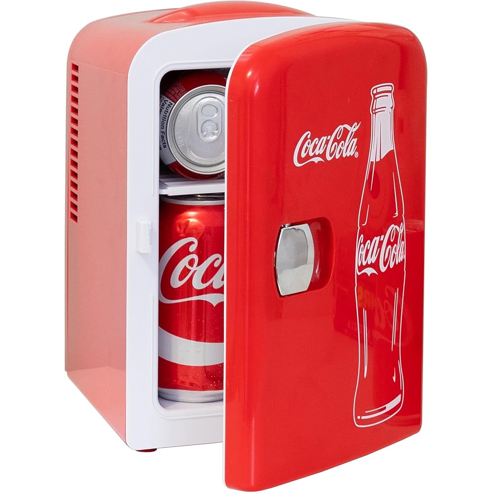 Coca-Cola Classic Coke Bottle 4L Mini Fridge w/ 12V DC and 110V AC Cords, 6 Can Portable Cooler, Personal Travel Refrigerator for Snacks Lunch Drinks Cosmetics, Desk Home Office Dorm, Red