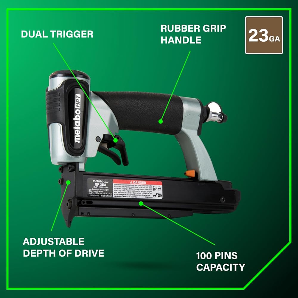 Metabo HPT Pin Nailer, Pro-Preferred Pneumatic Power Nailers for Cabinets, Trim, and Crafting, Makes Invisible Holes, Lightweight 2.0 lbs Tool, 23 Gauge, 5/8" to 1-3/8" Headless Micro Pins, NP35A