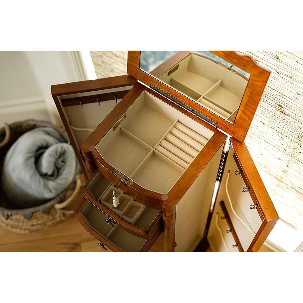 Hives and Honey Sheffield Traditional Standing Jewelry Armoire Cabinet, Antique Locking Storage Organizer with Mirror, 8 Drawers, Necklace Hooks, Anti-Tarnish Lining, Walnut