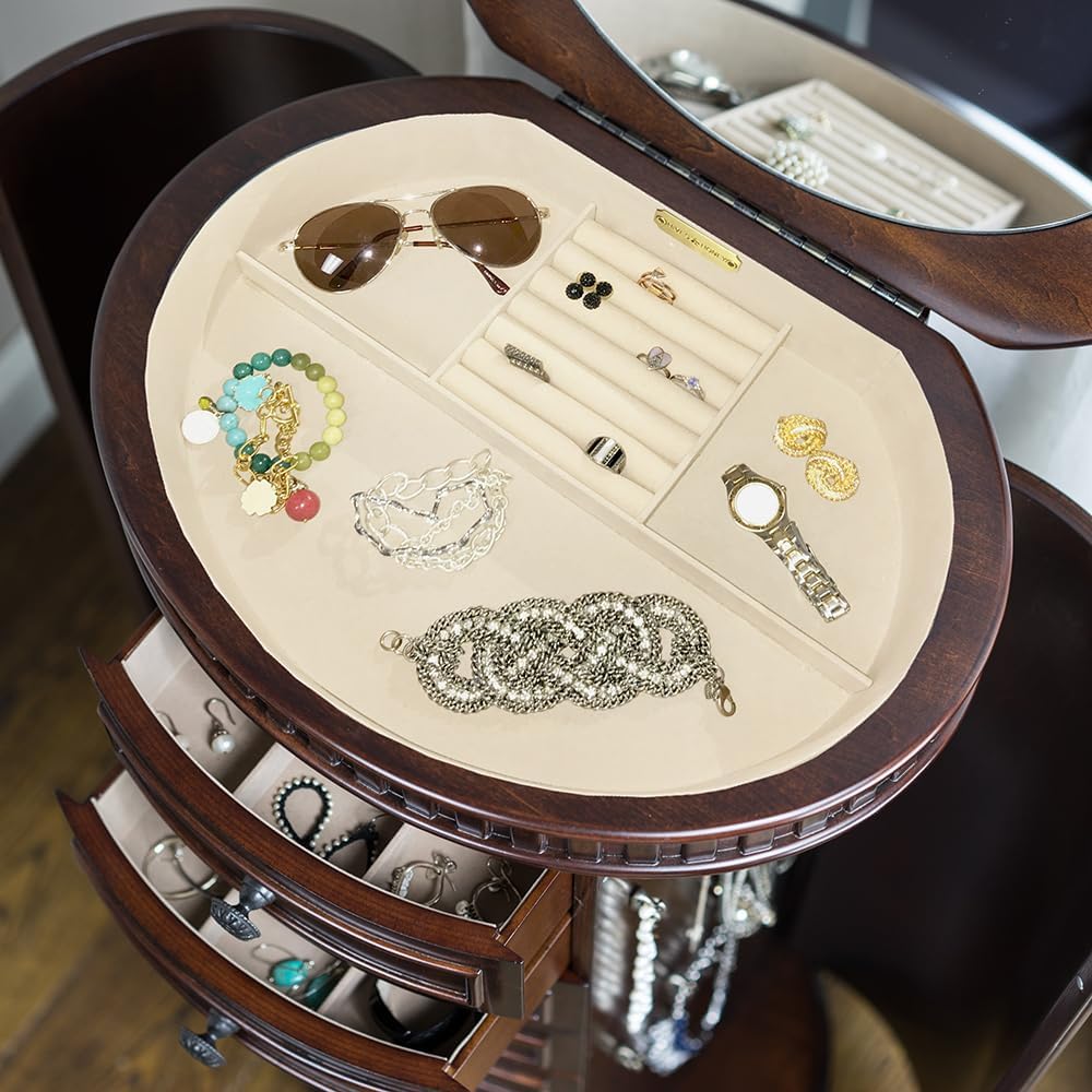 Hives and Honey Bailee Jewelry Armoire – Oval Shape Jewelry Organizer with 7 Drawers, Vanity Mirror, Ring Rolls &amp; Necklace Hooks – Walnut