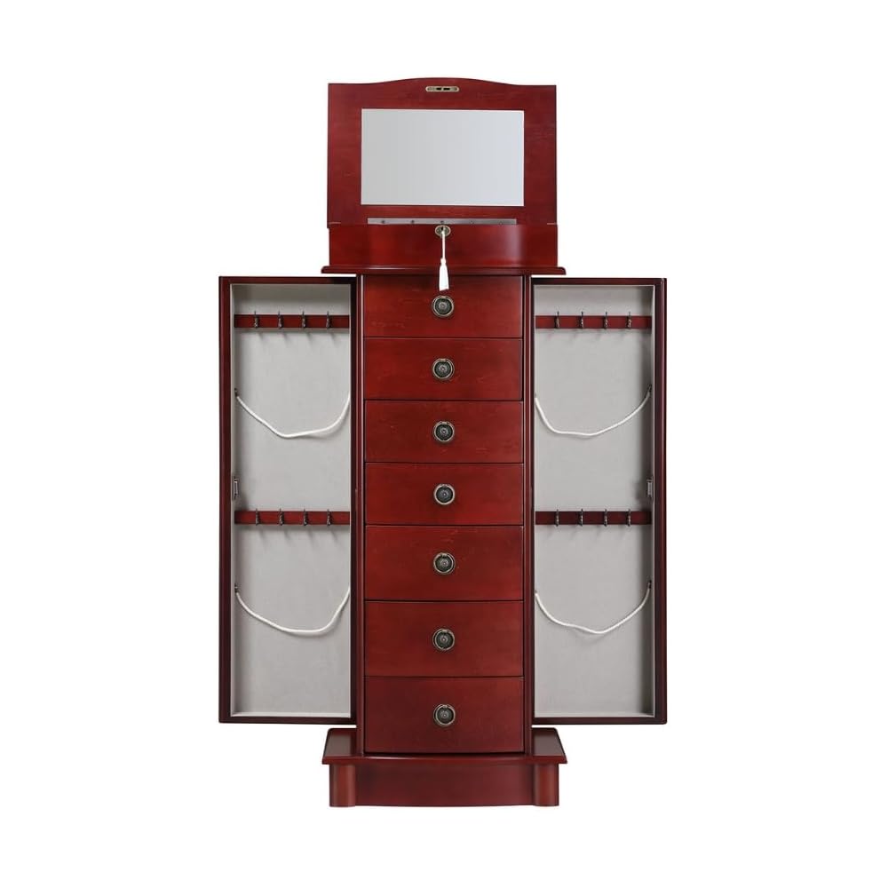 Alveare Home North Locking 7-Drawer Jewelry Armoire – Spacious Organizer with Mirror, Necklace Hooks &amp; Anti-Tarnish Lining, Cherry