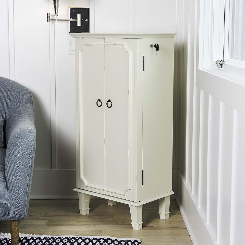 Hives and Honey Charley Standing Jewelry Armoire – Fully Locking Jewelry Organizer, 7 Drawers, Necklace Hooks, Mirror, Ring Rolls, Anti-Tarnish Lining, Solid Wood Construction, White