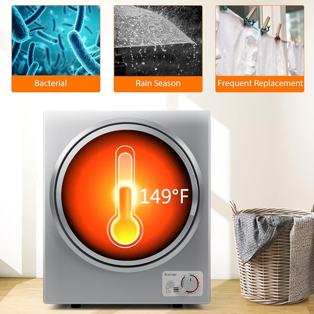 COSTWAY GT-10222US-SL-FPCY, 110V Electric Portable Clothes Stainless Steel Tub, Panel Downside Easy Control for 4 Automatic Drying Mode Compact Laundry Dryer, Silver