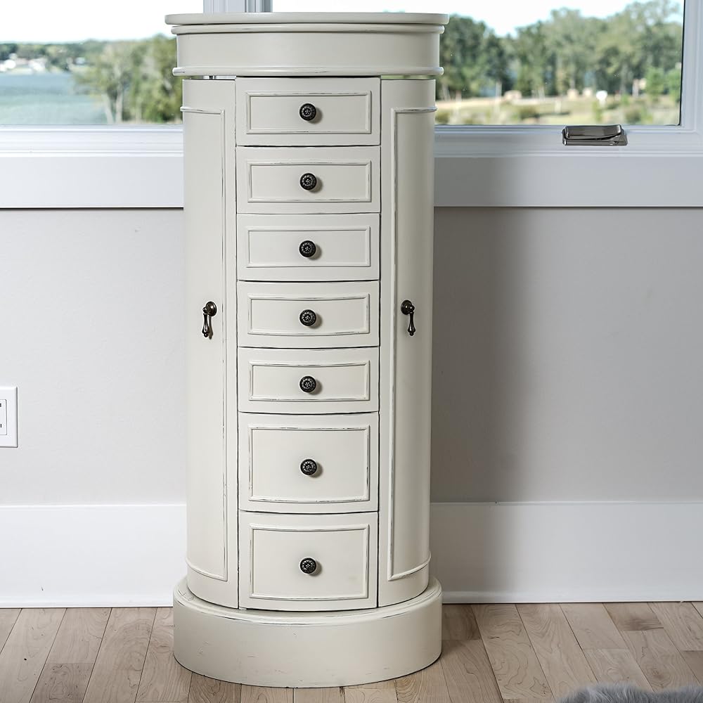 Hives and Honey Blair Oval Standing Jewelry Armoire, Organizer with Mirror Lid, Side Doors, 7 Drawers, Jewelry Box for Necklaces, Earrings, Bracelets, Ivory