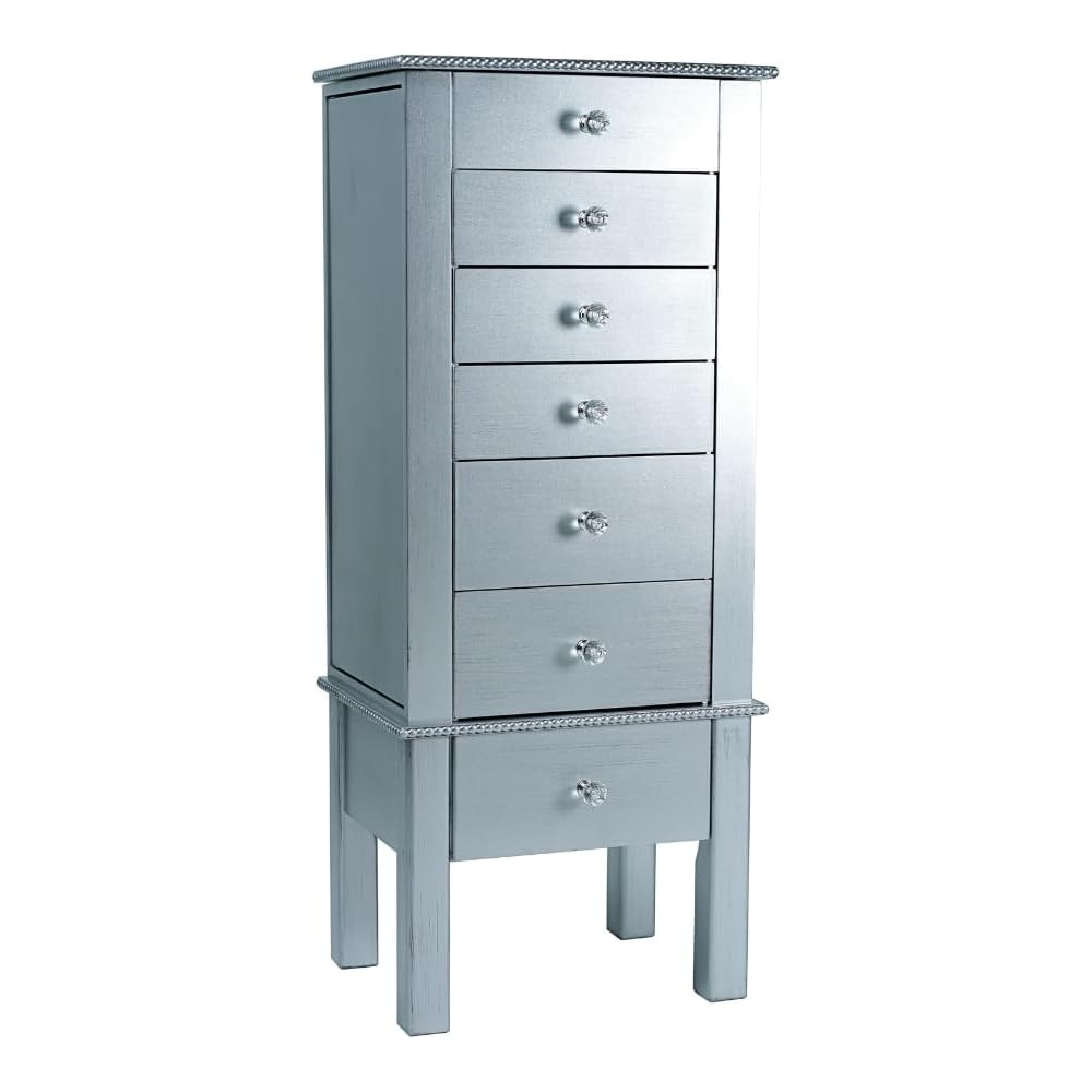 Hives and Honey Crystal, 6 Felt-Lined Drawers, Side Necklace Hooks, Built-in Mirror, Cord Port, Elegant Beaded Trim, Jewel Knobs, Storage Organizer Jewelry Armoire, 38″ H x 16″ W x 12″ D, Silver