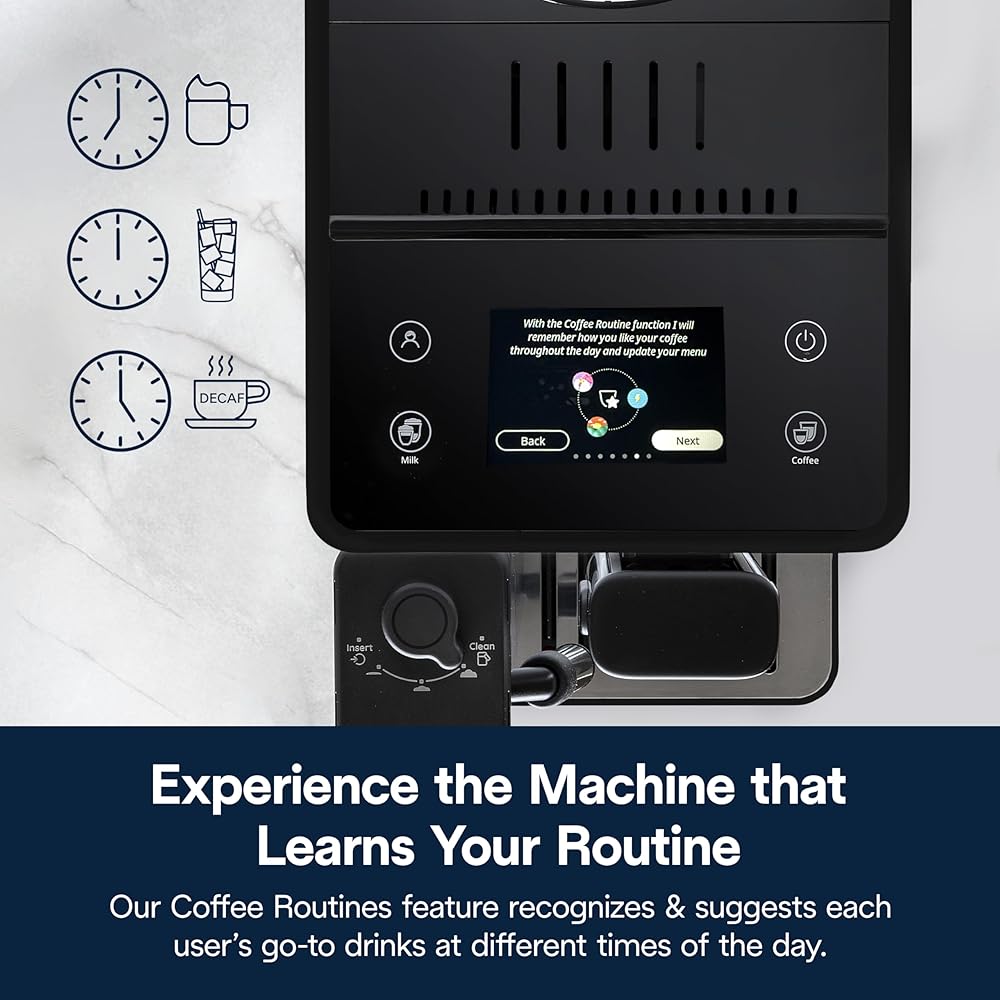 De'Longhi Rivelia Automatic Espresso Machine with Grinder &amp; Milk Frother – All-in-One Coffee Maker, Hot &amp; Iced Latte, Cappuccino, Bean Switch System, Burr Grinder, Compact Italian Design, Black