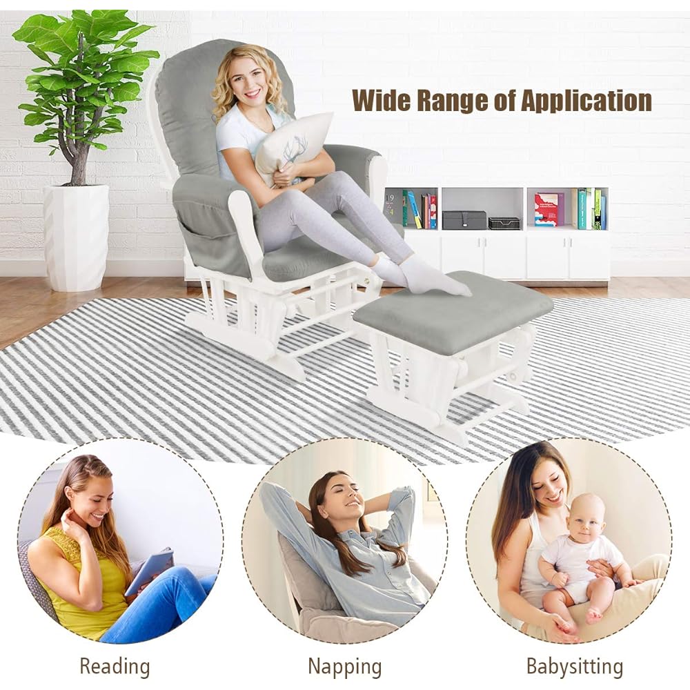 Costzon Nursery Glider with Ottoman, Upholstered Comfort Glider Rocker with Padded Cushion, Storage Pocket, Solid Wood Base, Rocking Chair Nursery for Breastfeeding, Napping (Light Gray)