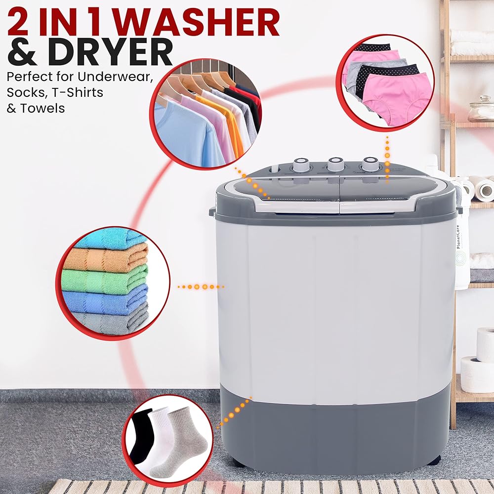 Pure Clean Compact Home Washer &amp; Dryer, 2 in 1 Portable Mini Washing Machine, Twin Tubs, 11lbs. Capacity, 110V, Spin Cycle w/Hose, Translucent Tub Container Window, Ideal for Smaller Laundry Loads, Gray