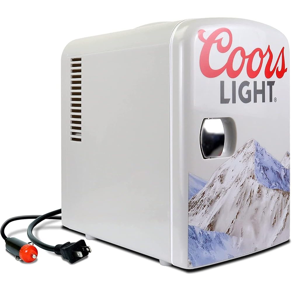 Coors Light 4L Portable Mini Fridge with 12V DC and 110V AC Cords, 6 Can Personal Cooler for Beer, Snacks, Lunch, Drinks, Desk Accessory for Home, Office, Bar, Dorm, Travel, Gray
