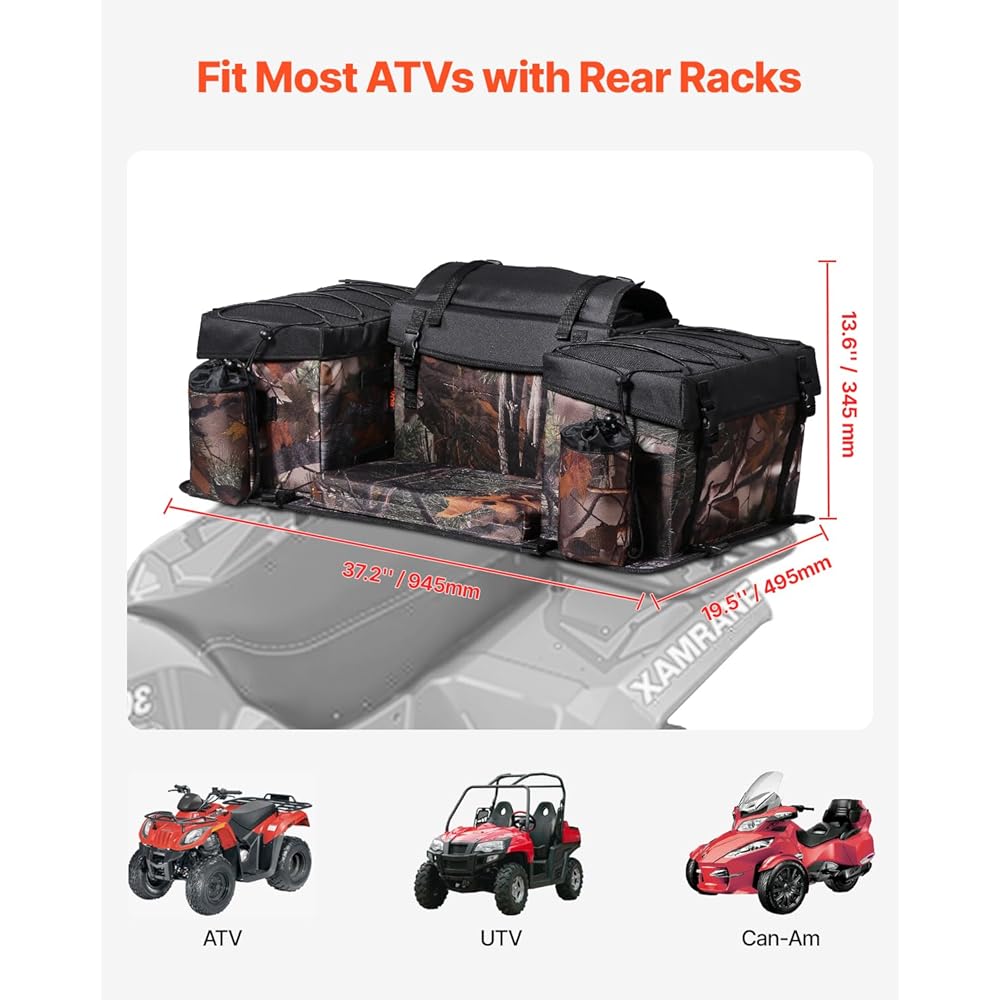 VEVOR ATV Rear Storage Bag, 68L ATV Rear Cargo Bag with Sponge Seat Cushion &amp; Bottle Holder, 600D Oxford Cloth Storage Rear Rack Seat Bag Fit Most ATVs with Rear Rack, Compatible with ATV, UTV, Can-Am