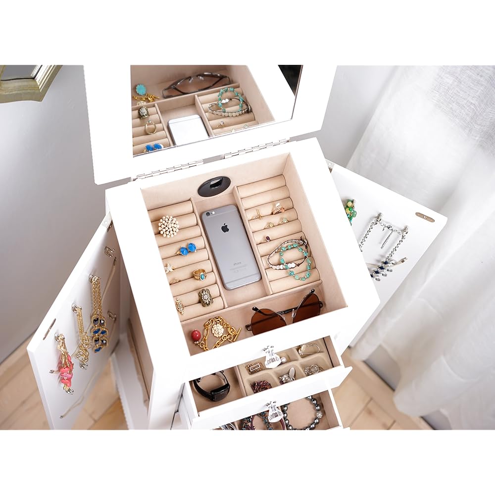 Hives and Honey Crystal Jewelry Armoire Modern White Storage Organizer with Divided Drawers and Necklace Hooks French-Inspired Design with Jewel-Like Pulls Anti-Tarnish Felt Lining