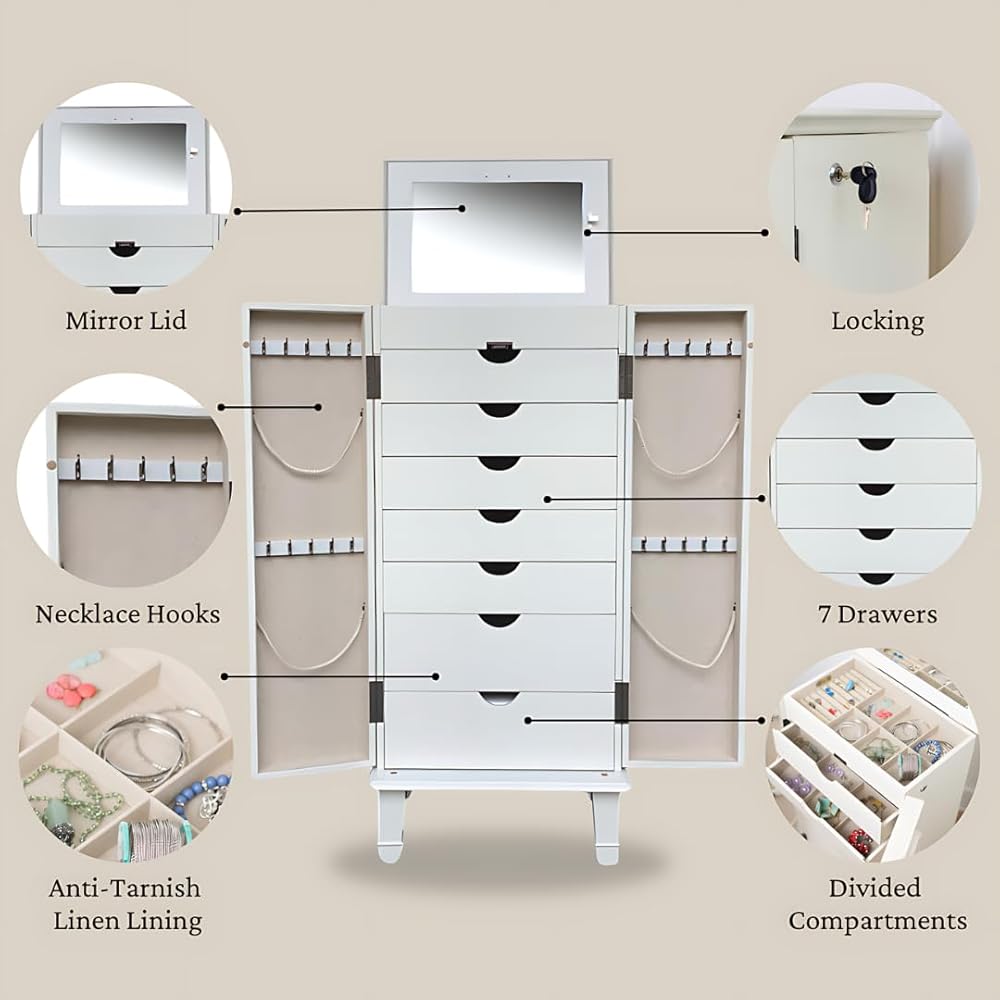 Hives and Honey Charley Standing Jewelry Armoire – Fully Locking Jewelry Organizer, 7 Drawers, Necklace Hooks, Mirror, Ring Rolls, Anti-Tarnish Lining, Solid Wood Construction, White