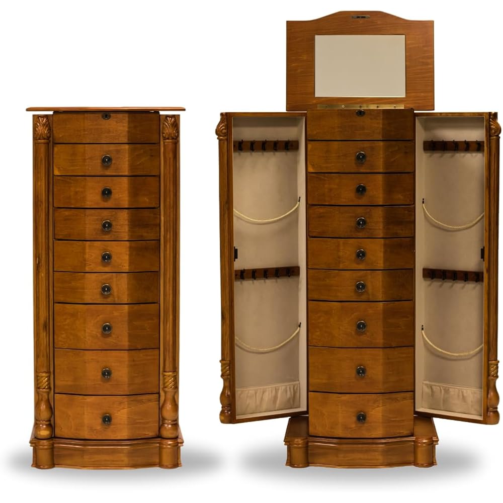 Hives and Honey Henry Locking Jewelry Armoire with Charging Port – 8 Drawer Anti-Tarnish Organizer with Mirror, Ring Rolls, Necklace Hooks &amp; Side Doors – Oak