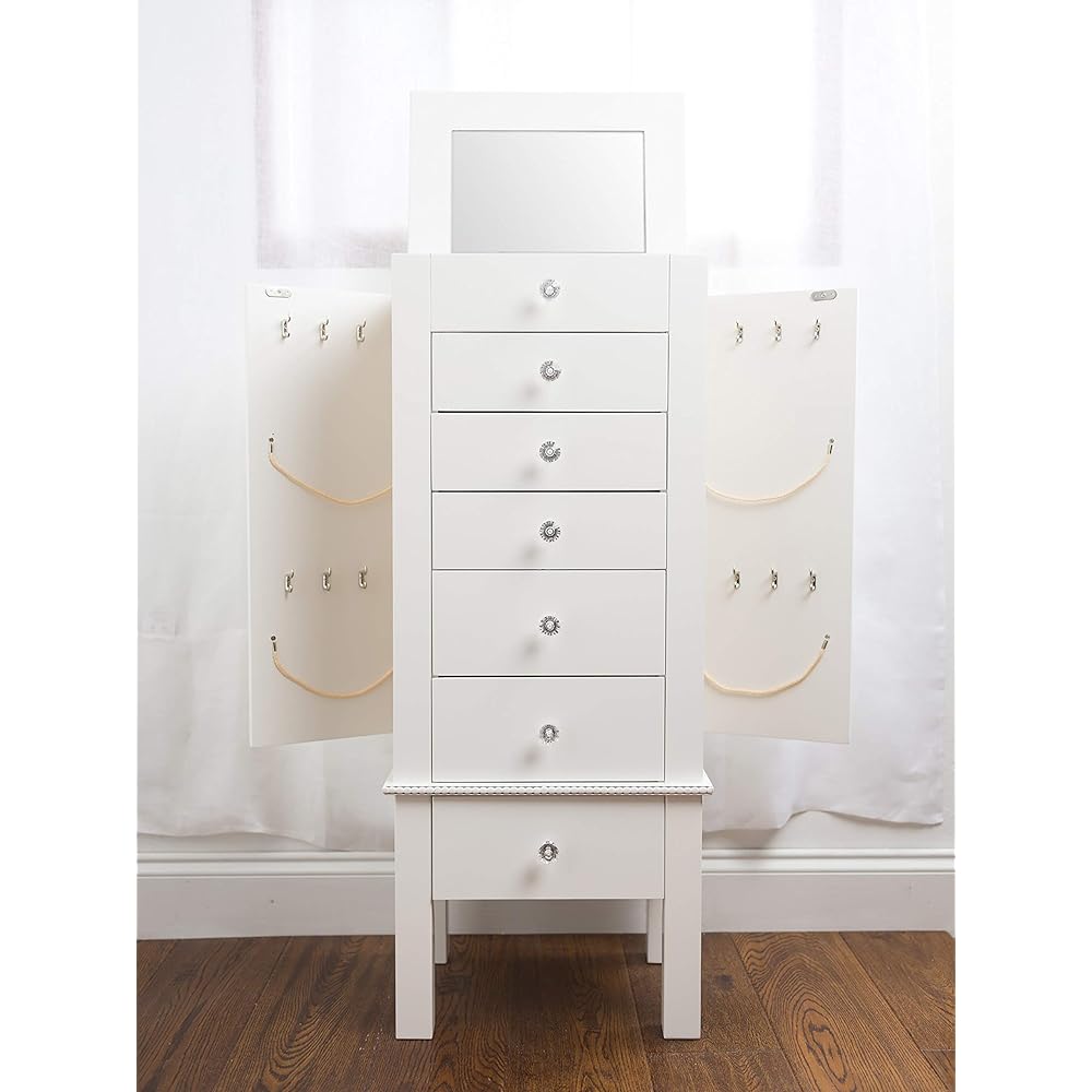 Hives and Honey Crystal Jewelry Armoire Modern White Storage Organizer with Divided Drawers and Necklace Hooks French-Inspired Design with Jewel-Like Pulls Anti-Tarnish Felt Lining