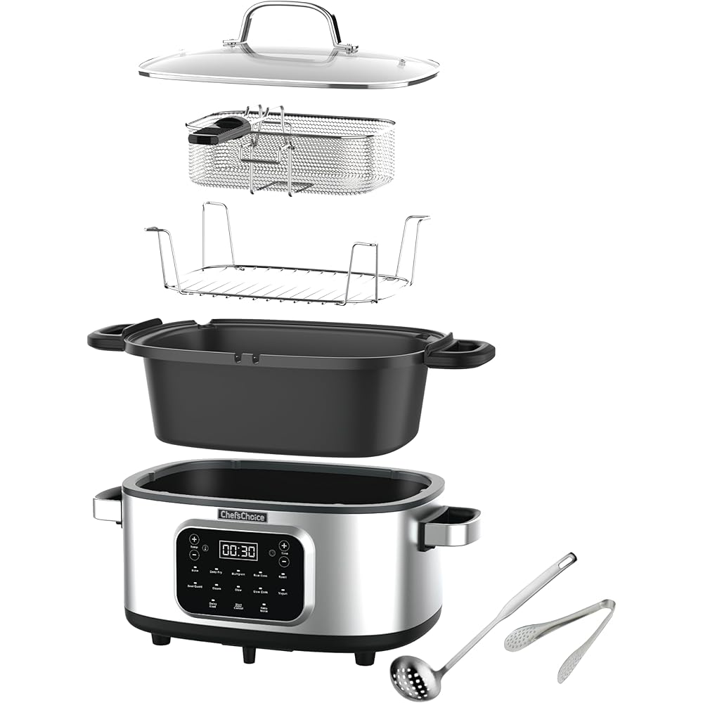 Chef'sChoice Multicooker, Large 6-Quart Capacity Multipurpose Non-Stick Vessel and Variable Temperature Control with Keep Warm and 12 Cooking Presets, 1300-Watts, Stainless Steel