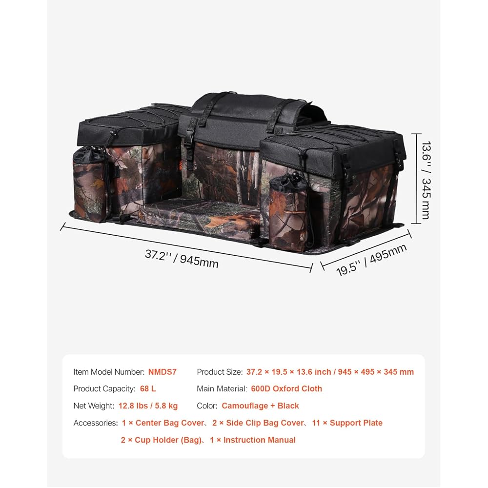 VEVOR ATV Rear Storage Bag, 68L ATV Rear Cargo Bag with Sponge Seat Cushion &amp; Bottle Holder, 600D Oxford Cloth Storage Rear Rack Seat Bag Fit Most ATVs with Rear Rack, Compatible with ATV, UTV, Can-Am