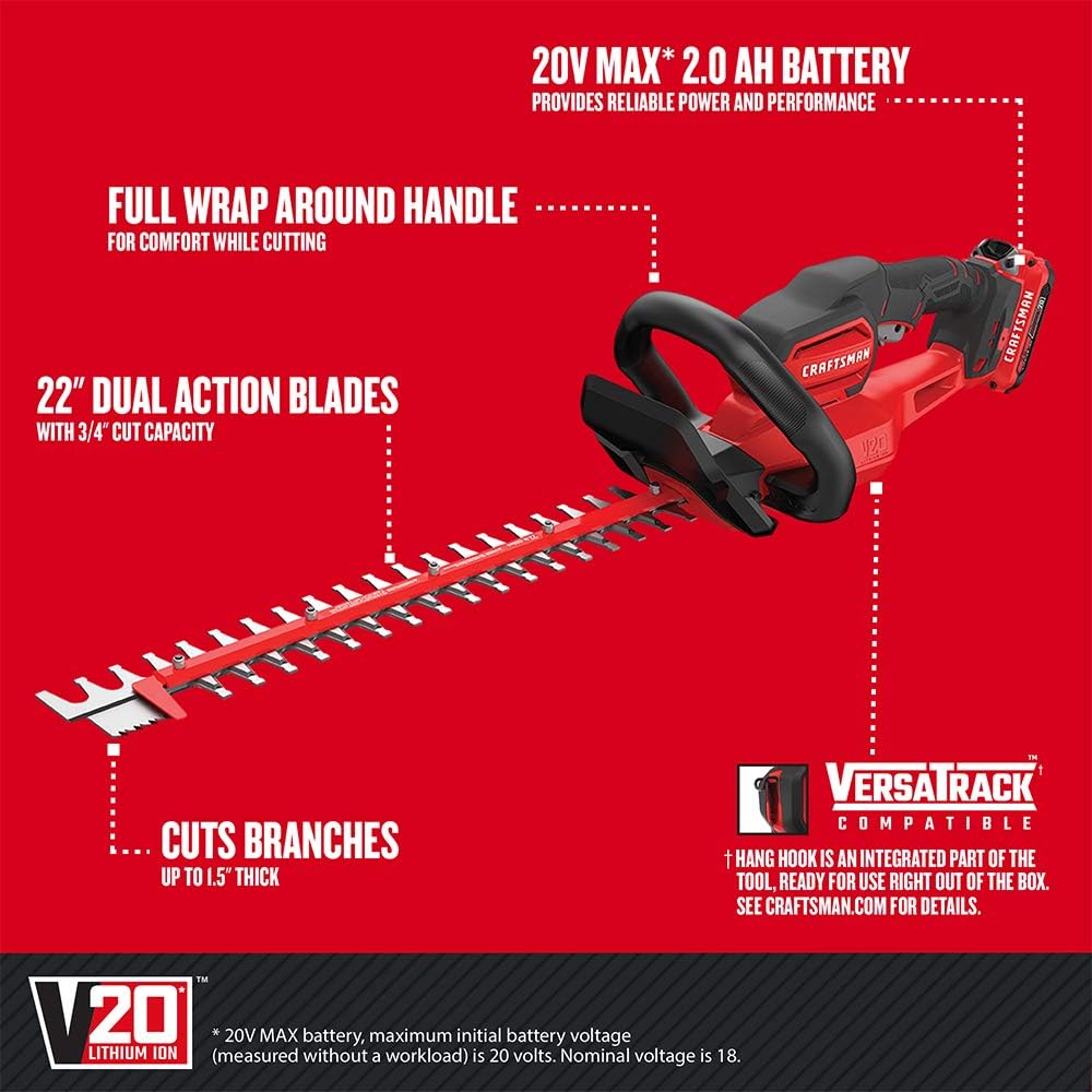 CRAFTSMAN V20 Cordless Hedge Trimmer, 22" with POWERSAW Branch Cutter, Battery and Charger Included (CMCHTS820D1)