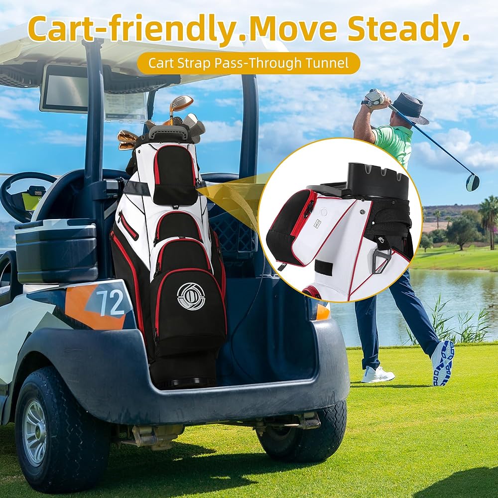 Shopsource Golf Bag, 14 Way Top Golf Cart Bag with Full-Length Dividers, Cart Golf Bag for Men Women, Golf Club Bags with Ergonomic Padded Strap, Zippered Pockets, Rain Hood Black Red and White