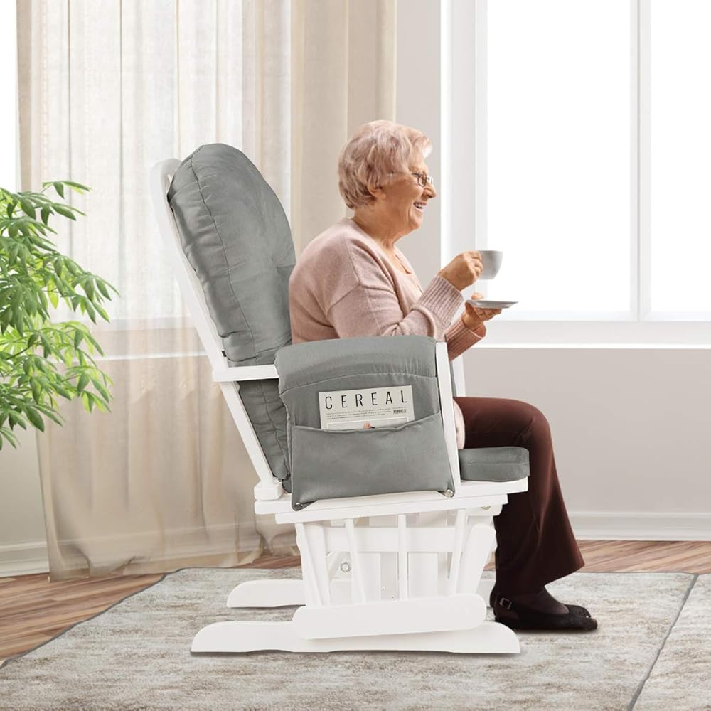 Costzon Nursery Glider with Ottoman, Upholstered Comfort Glider Rocker with Padded Cushion, Storage Pocket, Solid Wood Base, Rocking Chair Nursery for Breastfeeding, Napping (Light Gray)