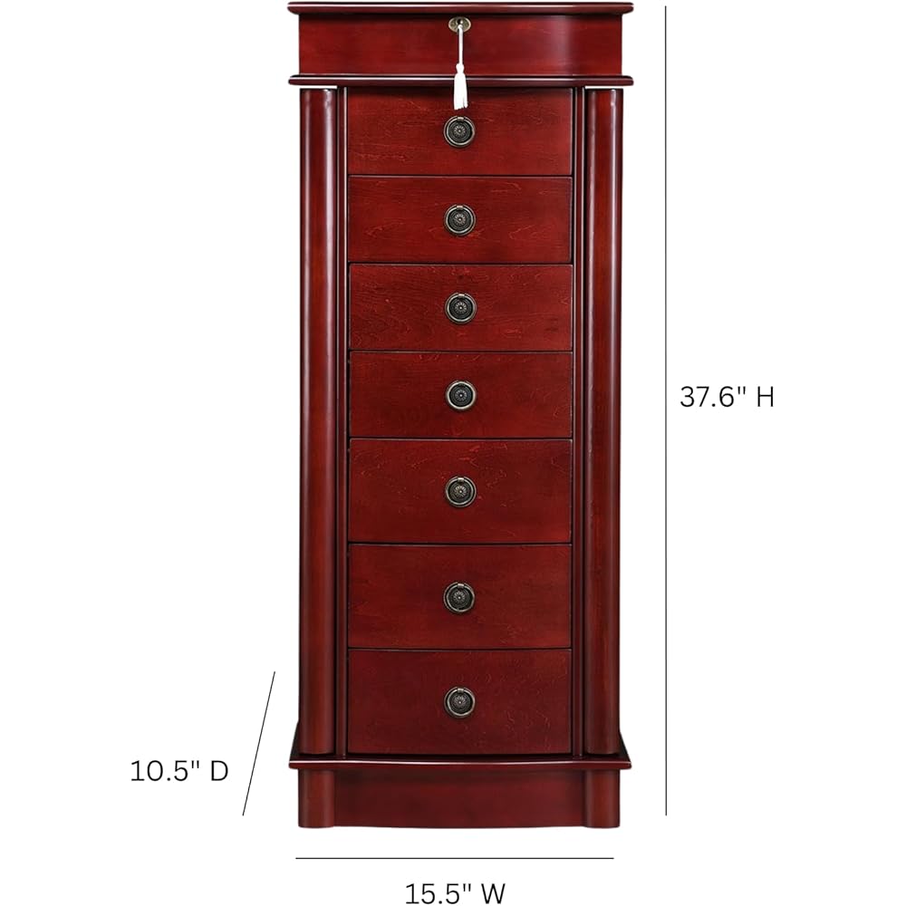 Alveare Home North Locking 7-Drawer Jewelry Armoire – Spacious Organizer with Mirror, Necklace Hooks &amp; Anti-Tarnish Lining, Cherry