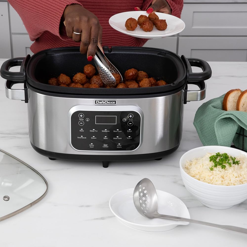 Chef'sChoice Multicooker, Large 6-Quart Capacity Multipurpose Non-Stick Vessel and Variable Temperature Control with Keep Warm and 12 Cooking Presets, 1300-Watts, Stainless Steel