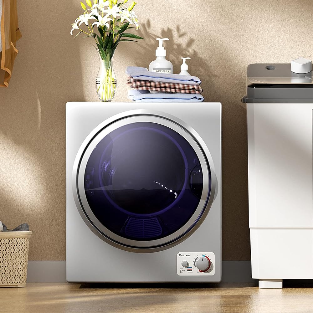 COSTWAY GT-10222US-SL-FPCY, 110V Electric Portable Clothes Stainless Steel Tub, Panel Downside Easy Control for 4 Automatic Drying Mode Compact Laundry Dryer, Silver
