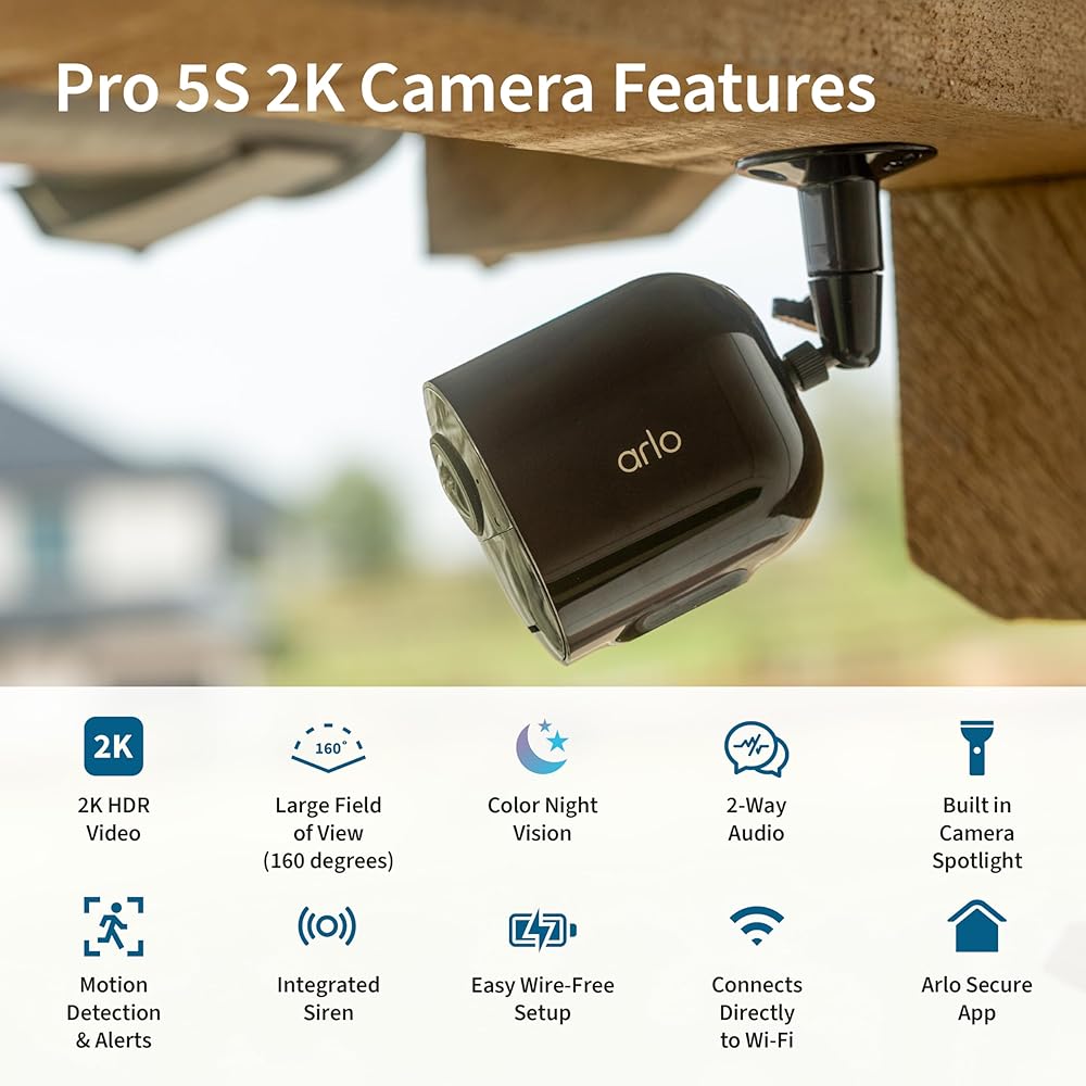 Arlo Pro 5S Spotlight Security Camera 2K HDR | Outdoor | Wireless | Dual-Band Wi-Fi Connects to the Strongest Network | 12X Zoom, 2-Way Audio, Color Night Vision, Live Stream Black