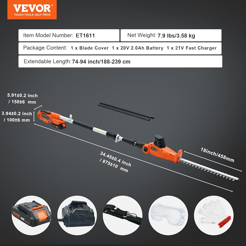 VEVOR Pole Cordless Hedge Trimmer, 20V Electric Bush Trimmer Kit with 18 inch Double-Edged Steel Blade, 74"-94" Telescoping Design for High Branches(2.0Ah Battery &amp; Fast Charger Included)