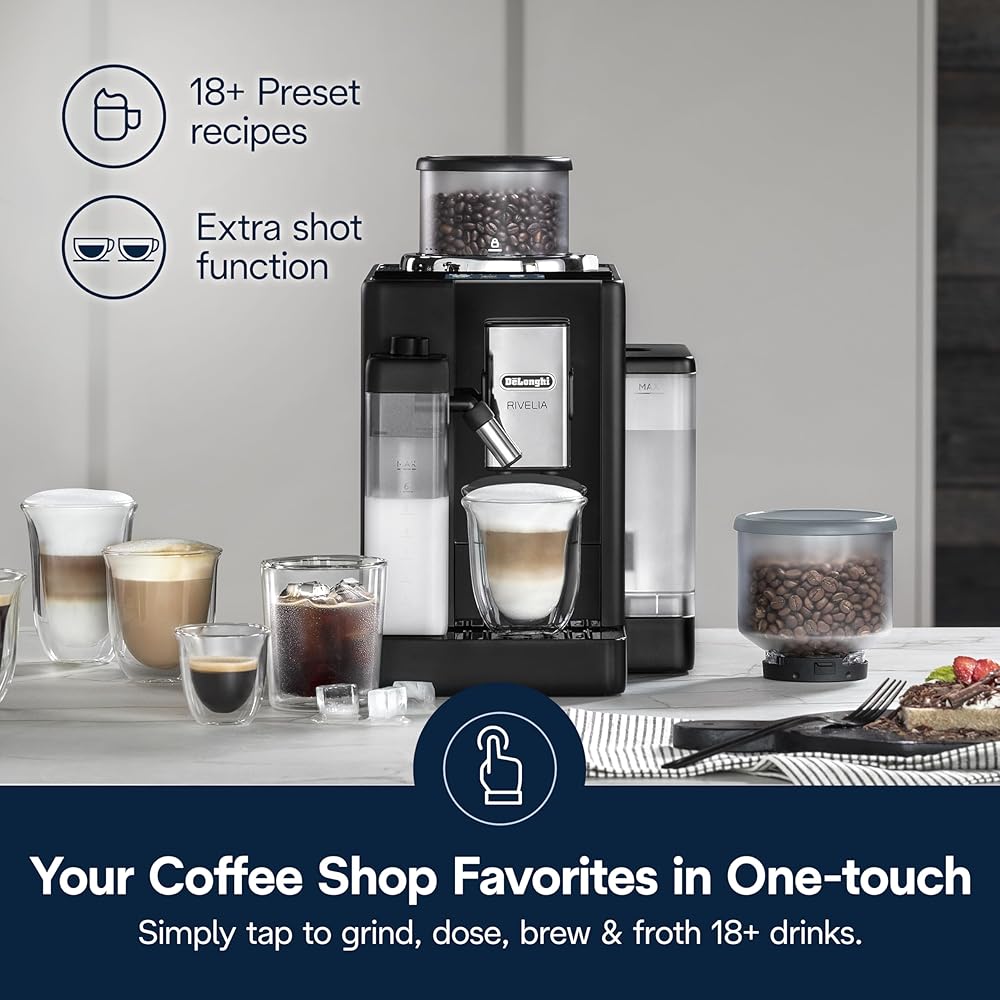 De'Longhi Rivelia Automatic Espresso Machine with Grinder &amp; Milk Frother – All-in-One Coffee Maker, Hot &amp; Iced Latte, Cappuccino, Bean Switch System, Burr Grinder, Compact Italian Design, Black