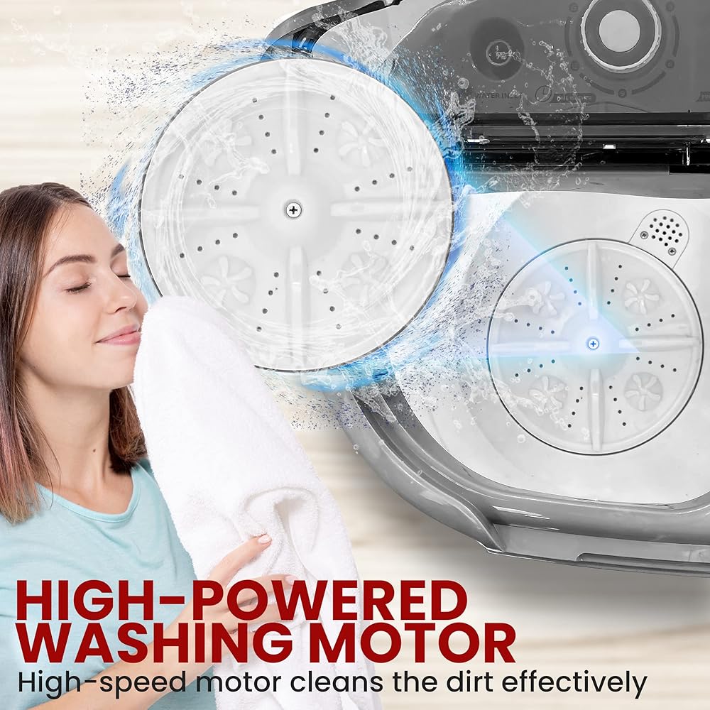 Pure Clean Compact Home Washer &amp; Dryer, 2 in 1 Portable Mini Washing Machine, Twin Tubs, 11lbs. Capacity, 110V, Spin Cycle w/Hose, Translucent Tub Container Window, Ideal for Smaller Laundry Loads, Gray