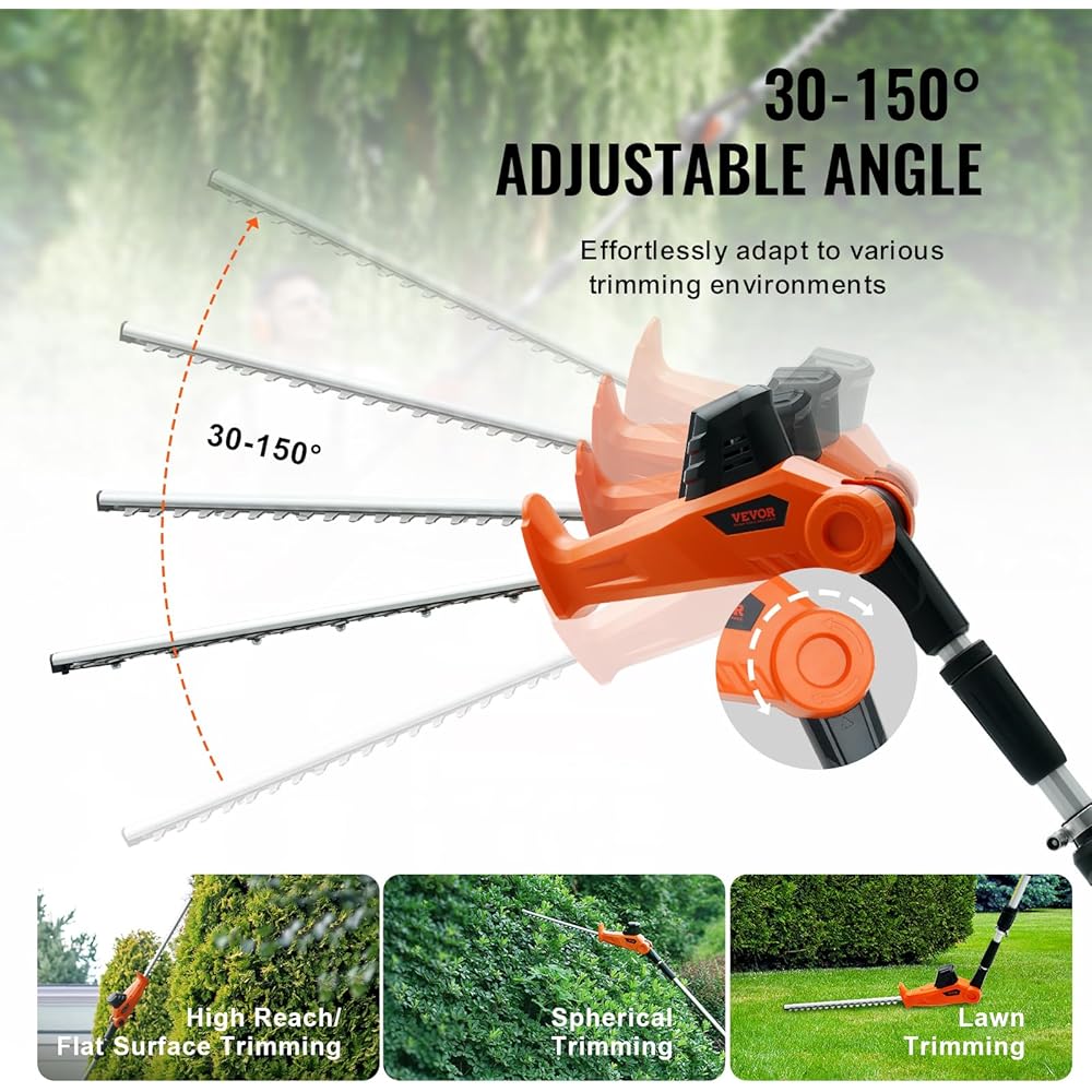 VEVOR Pole Cordless Hedge Trimmer, 20V Electric Bush Trimmer Kit with 18 inch Double-Edged Steel Blade, 74"-94" Telescoping Design for High Branches(2.0Ah Battery &amp; Fast Charger Included)
