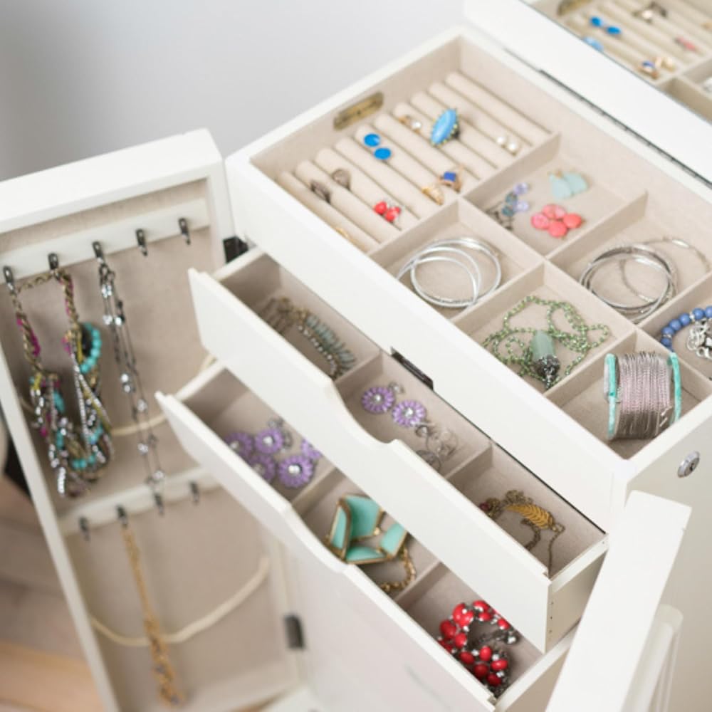 Hives and Honey Charley Standing Jewelry Armoire – Fully Locking Jewelry Organizer, 7 Drawers, Necklace Hooks, Mirror, Ring Rolls, Anti-Tarnish Lining, Solid Wood Construction, White