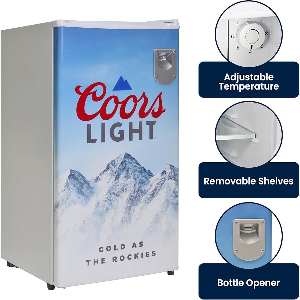 Coors Light Refrigerator Mini Fridge For Kitchen, Bedroom, Office, Dorms, Cuarto, Cool Storage For Wine, Drink, Beverages, Compact Free Standing, Neveras Pequeñpara, 3.2 Cubic Feet Capacity, White