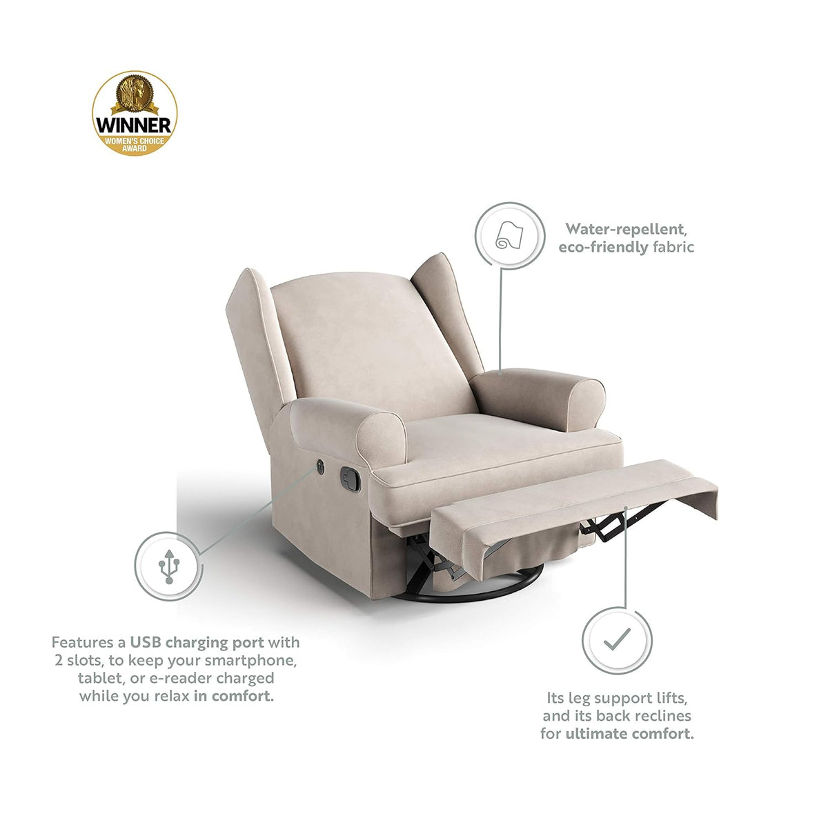 Storkcraft Serenity Glider Recliner Nursery Chair with USB Charging Port (Ivory) – Premium Upholstered Nursery Glider Recliner with Manual Recline Function, Dual USB Charging